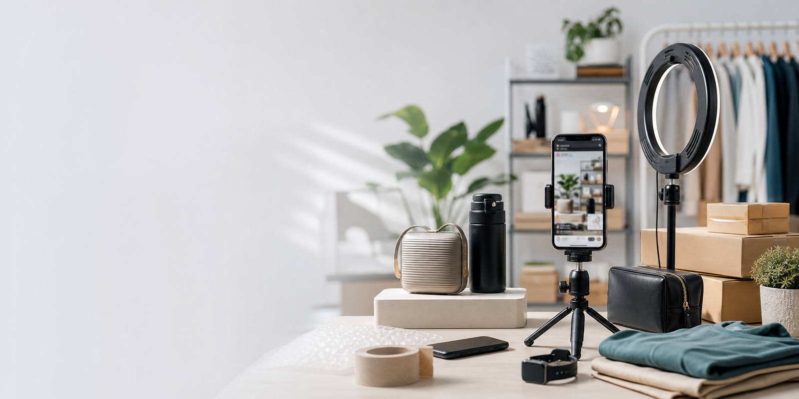 Produtos físicos variados, embalagens de envio e celular com vitrine digital em uma mesa de ecommerce.